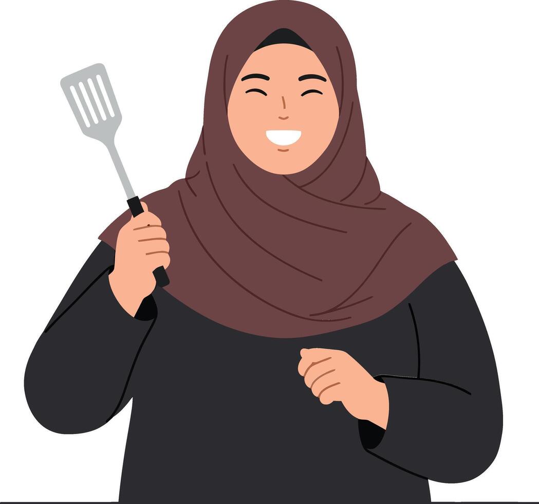 Happy woman in a brown hijab holding a spatula in a cheerful kitchen setting, minimal style illustration vector