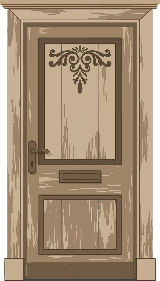 A detailed wooden door with intricate carvings and a vintage finish, showcasing rustic charm in flat art vector