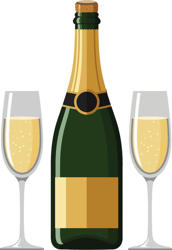 Champagne bottle with two flutes beside it showcasing a flat design style in cheerful celebration art vector
