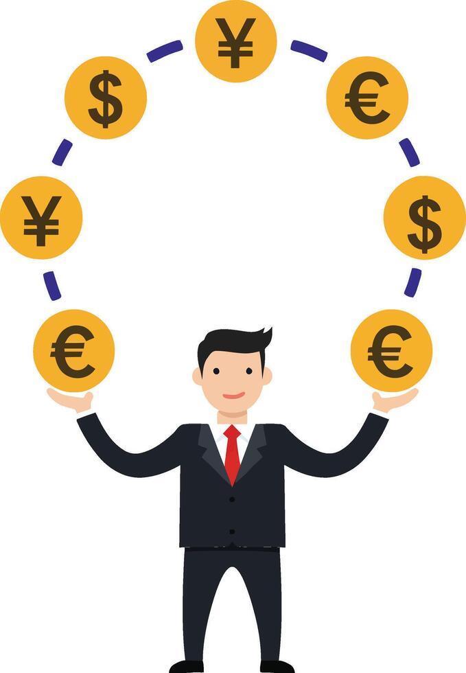 Businessman in a suit juggling currency symbols with a confident smile in a flat illustration, showcasing financial success and balance in a playful manner art vector