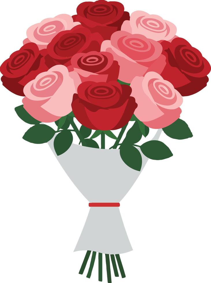 A vibrant bouquet of red and pink roses arranged elegantly in a white wrapping, showcasing a flat design style in art vector