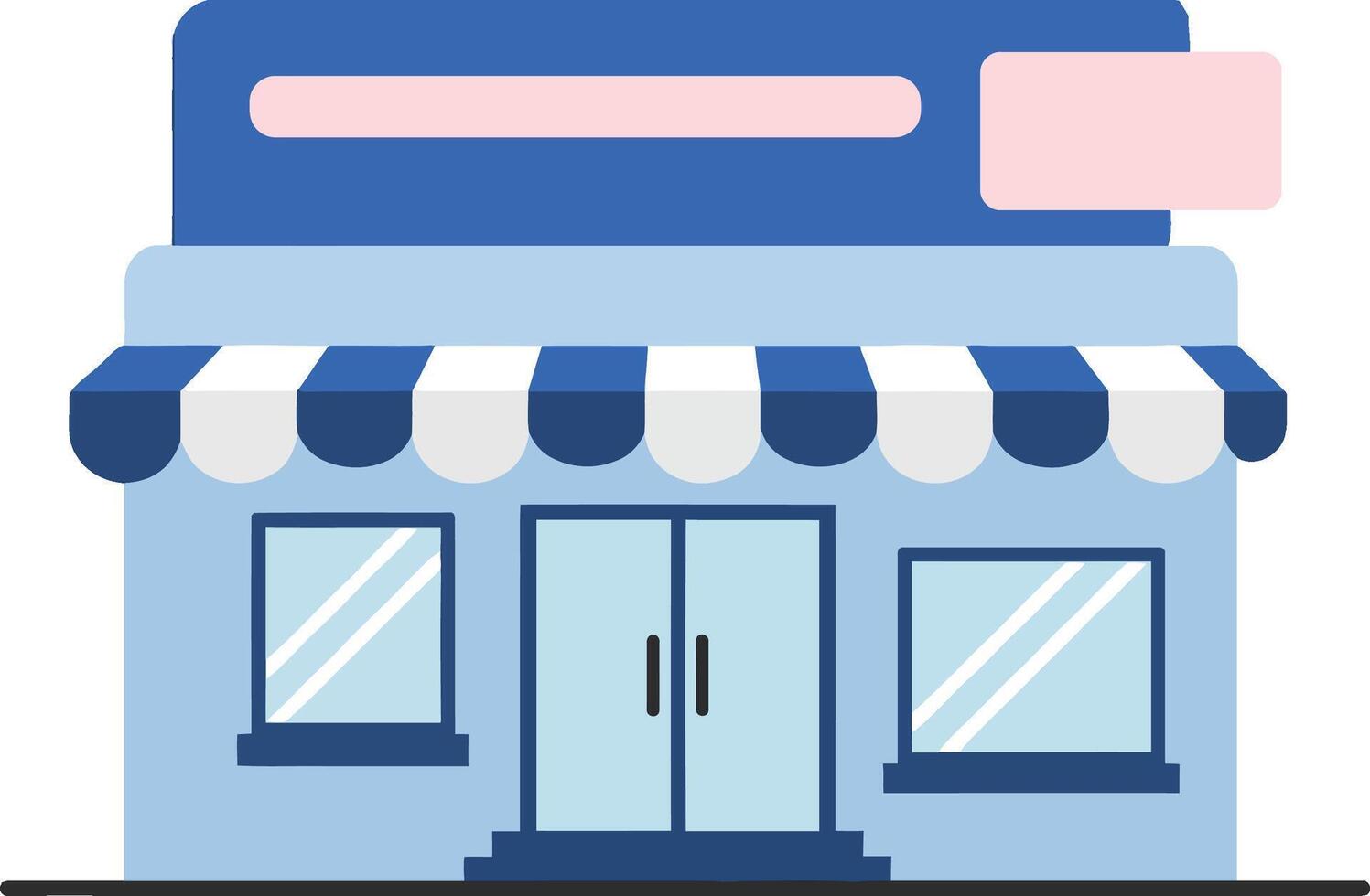 A charming blue storefront with striped awning and large windows in a minimal flat design illustration vector