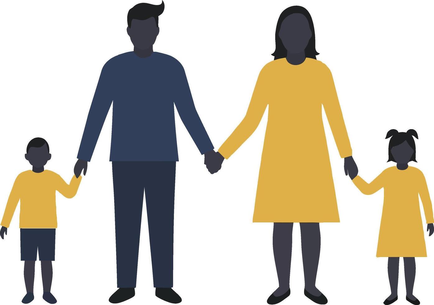 A family of four holding hands together in a minimalist design featuring dark and yellow colors, showcasing love and connection in art vector