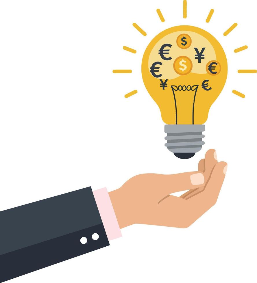 Hand holding a light bulb filled with currency symbols in a minimal style, representing innovative financial ideas as art vector