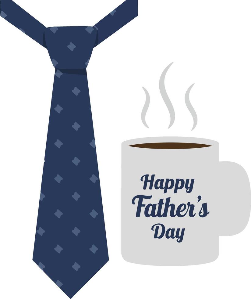 A navy blue tie and a coffee mug with steam, featuring a Fathers Day greeting in a minimal flat design illustration vector