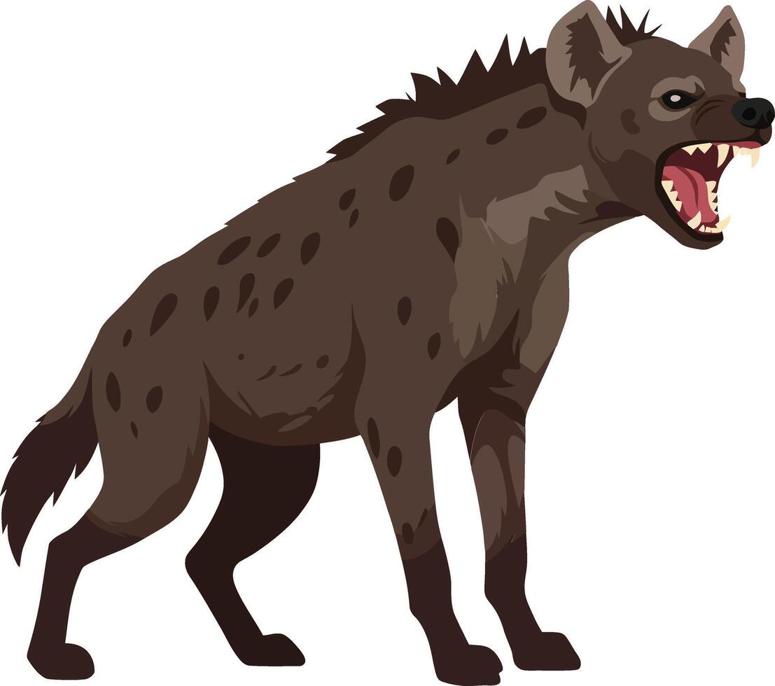 Detailed illustration of a fierce hyena with sharp teeth and distinctive spotted fur in a flat design style showcasing its wild nature and dynamic posture art vector