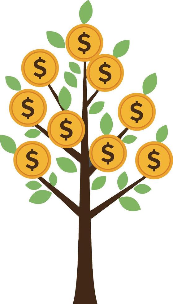 A whimsical money tree with golden coins and green leaves in a flat design style, representing prosperity and abundance in art vector