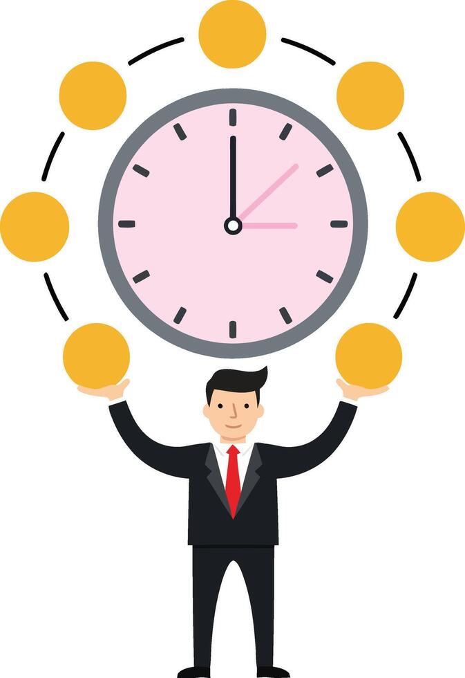 Businessman in a suit skillfully juggling golden balls around a clock in a flat illustration showcasing time management and multitasking in a professional setting vector