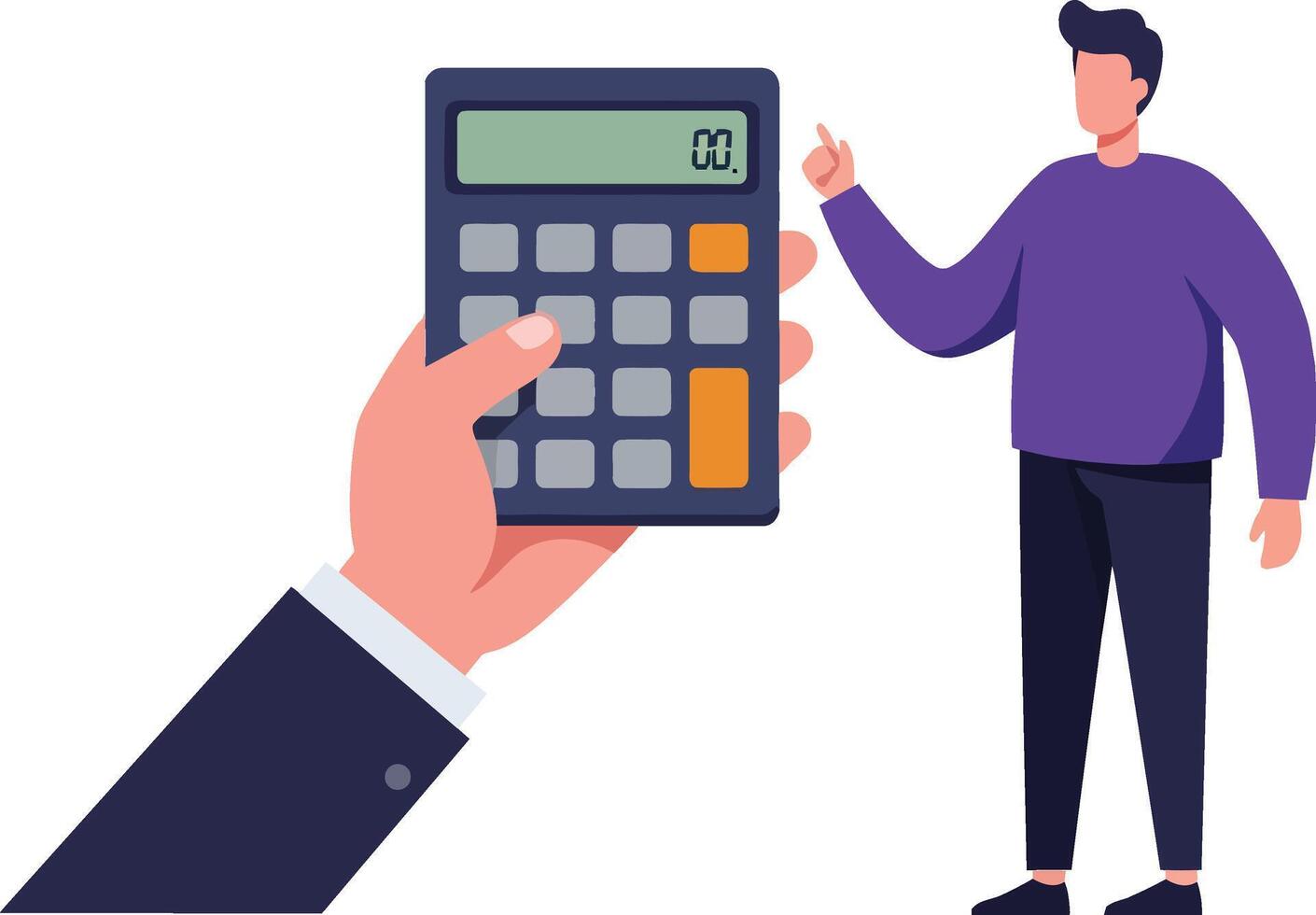 A hand holding a calculator while a man gestures confidently, showcasing a modern flat design style, representing calculation and analysis in art vector