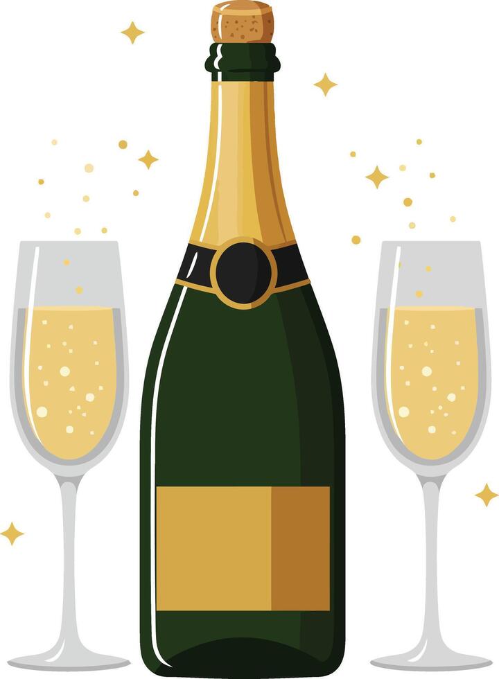Champagne bottle with two sparkling glasses in a flat and minimal style, celebrating a joyful occasion in vibrant illustration vector