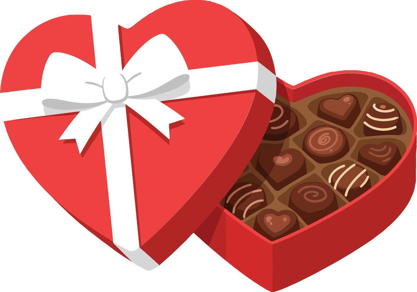 Heart-shaped red gift box overflowing with assorted chocolates in a flat, colorful design style representing love and celebration in art vector