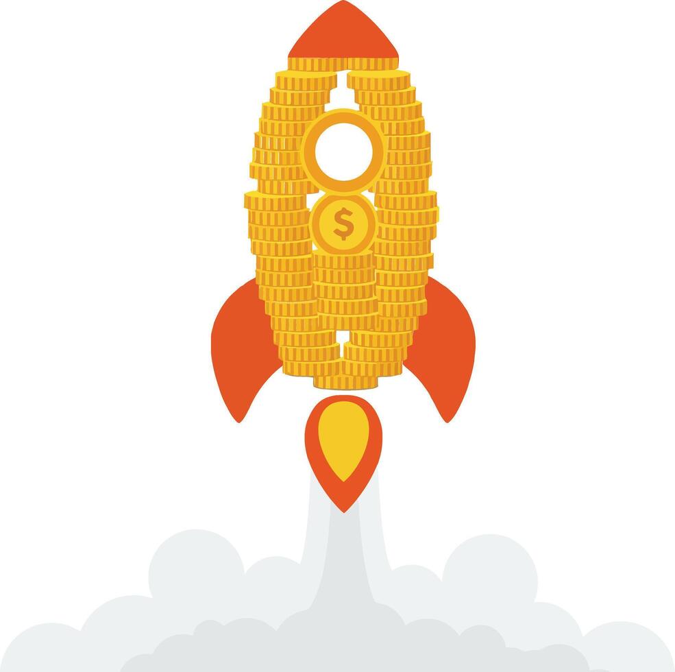 Rocket ship made of coins soaring upward with a dollar sign, flat illustration symbolizing financial growth and aspiration in a modern design style, art vector
