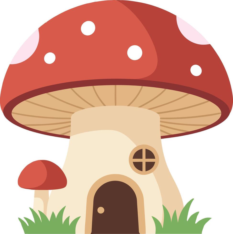 A whimsical mushroom house with a red cap and white dots, surrounded by green grass in a flat and colorful illustration vector