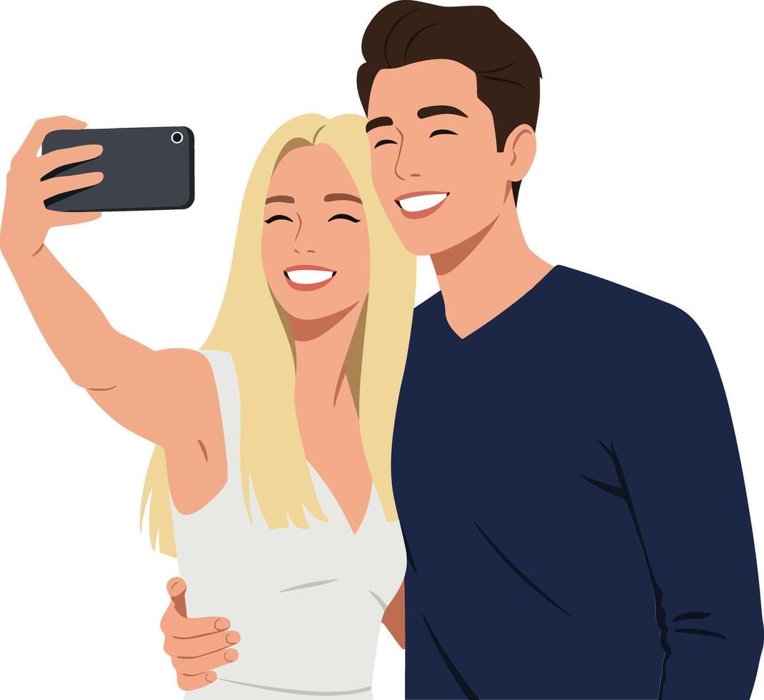 Cheerful couple taking a selfie together in a bright and joyful flat illustration vector