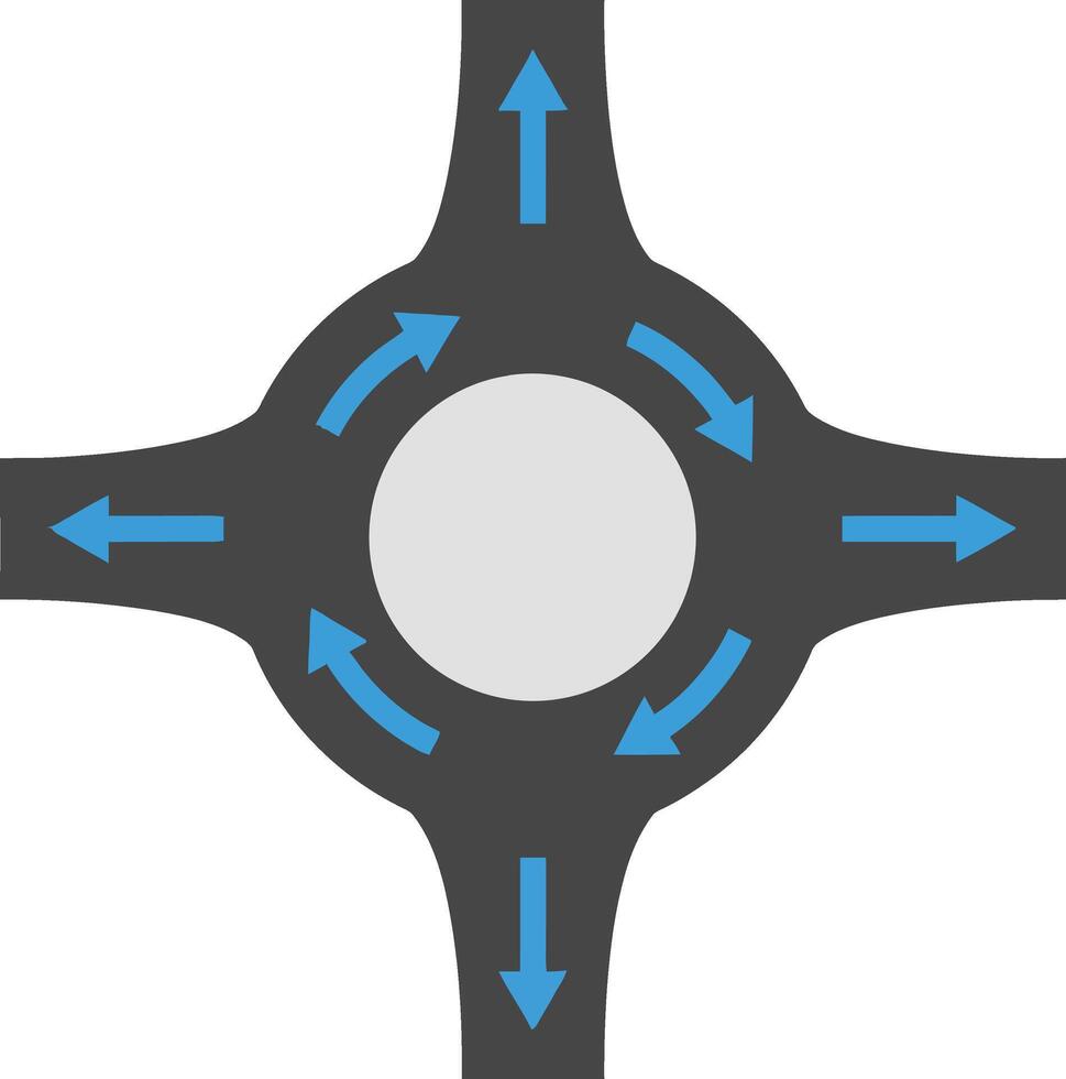 Intersection roundabout symbol with directional arrows in a flat and minimal design style, showcasing traffic flow dynamics in art vector