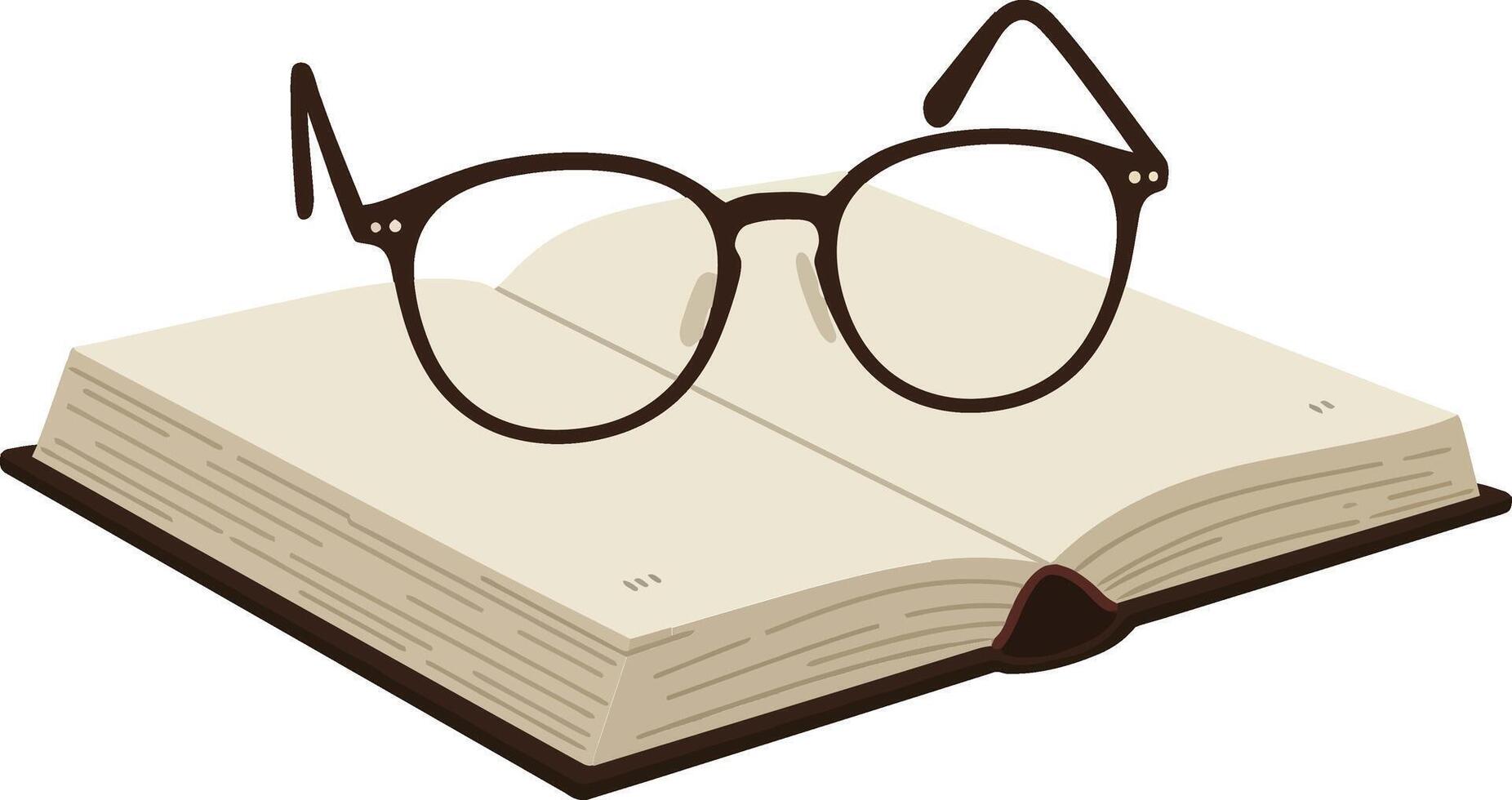 Open book with thick pages and stylish glasses resting on top in minimal flat art vector