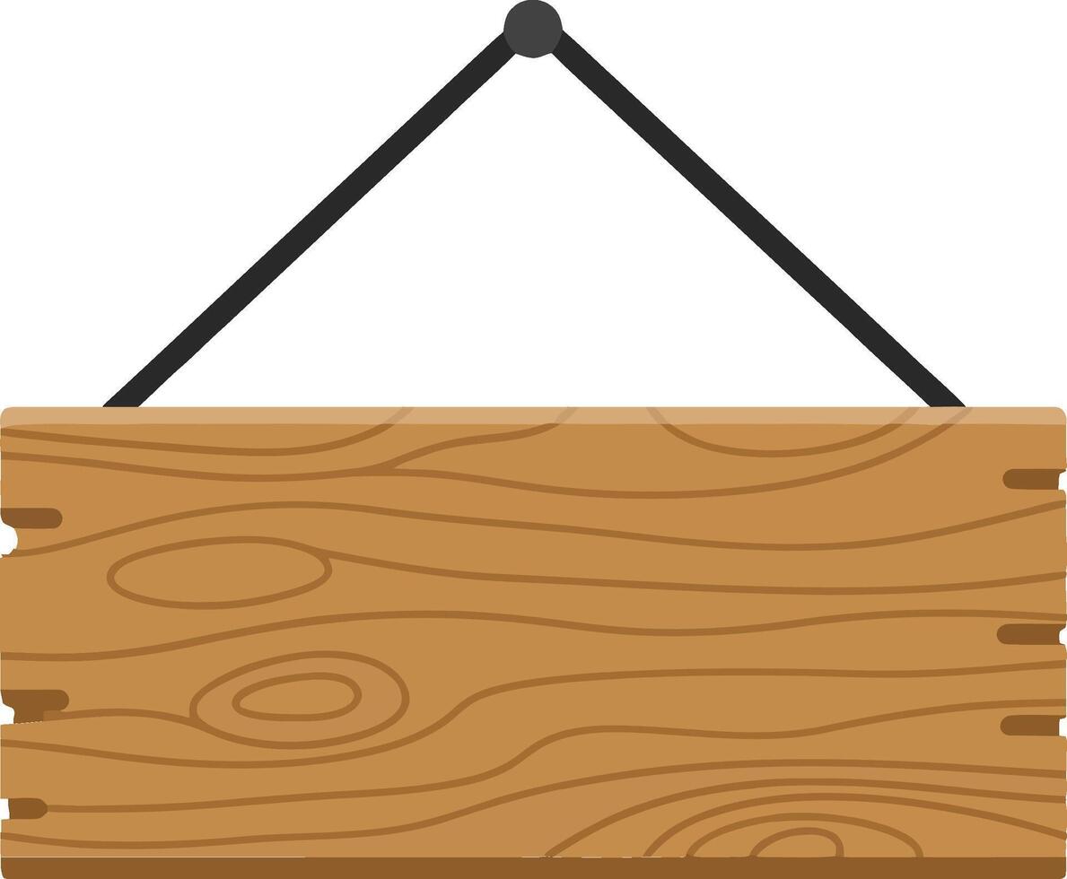 Wooden signboard with a rustic design hanging from a black rope in a minimal illustration vector