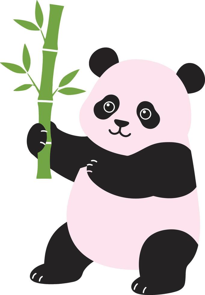 Cute panda holding bamboo in a playful pose, featuring a flat and colorful design style, perfect for childrens illustrations and educational materials, art vector