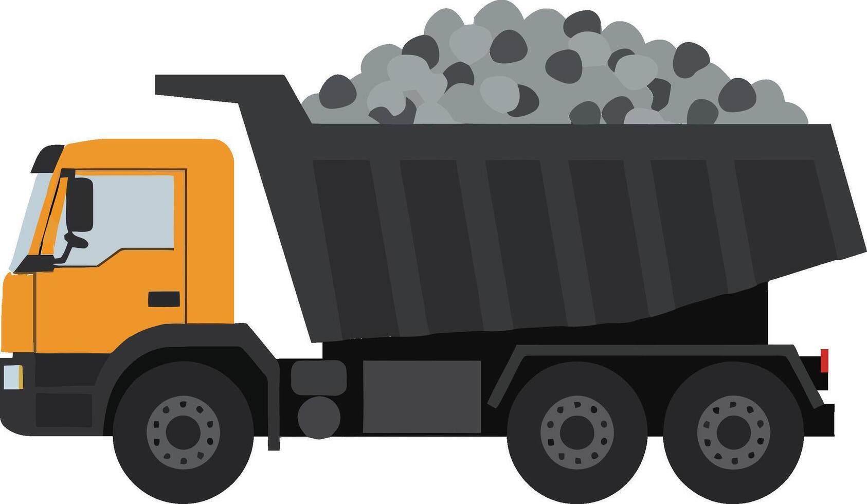 Dump truck transporting gravel in a flat design style, showcasing industrial machinery and construction activity in a vibrant illustration vector