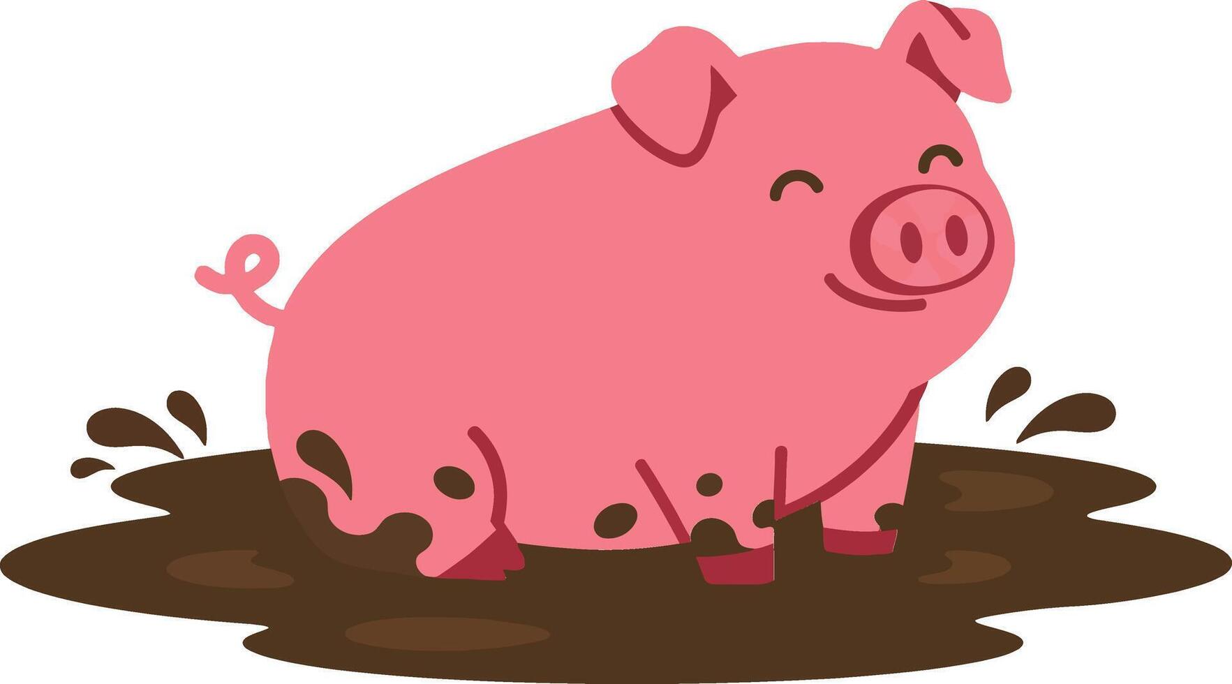 Happy pink pig playfully sitting in muddy puddle, exhibiting flat design style, cheerful atmosphere, perfect for playful art vector