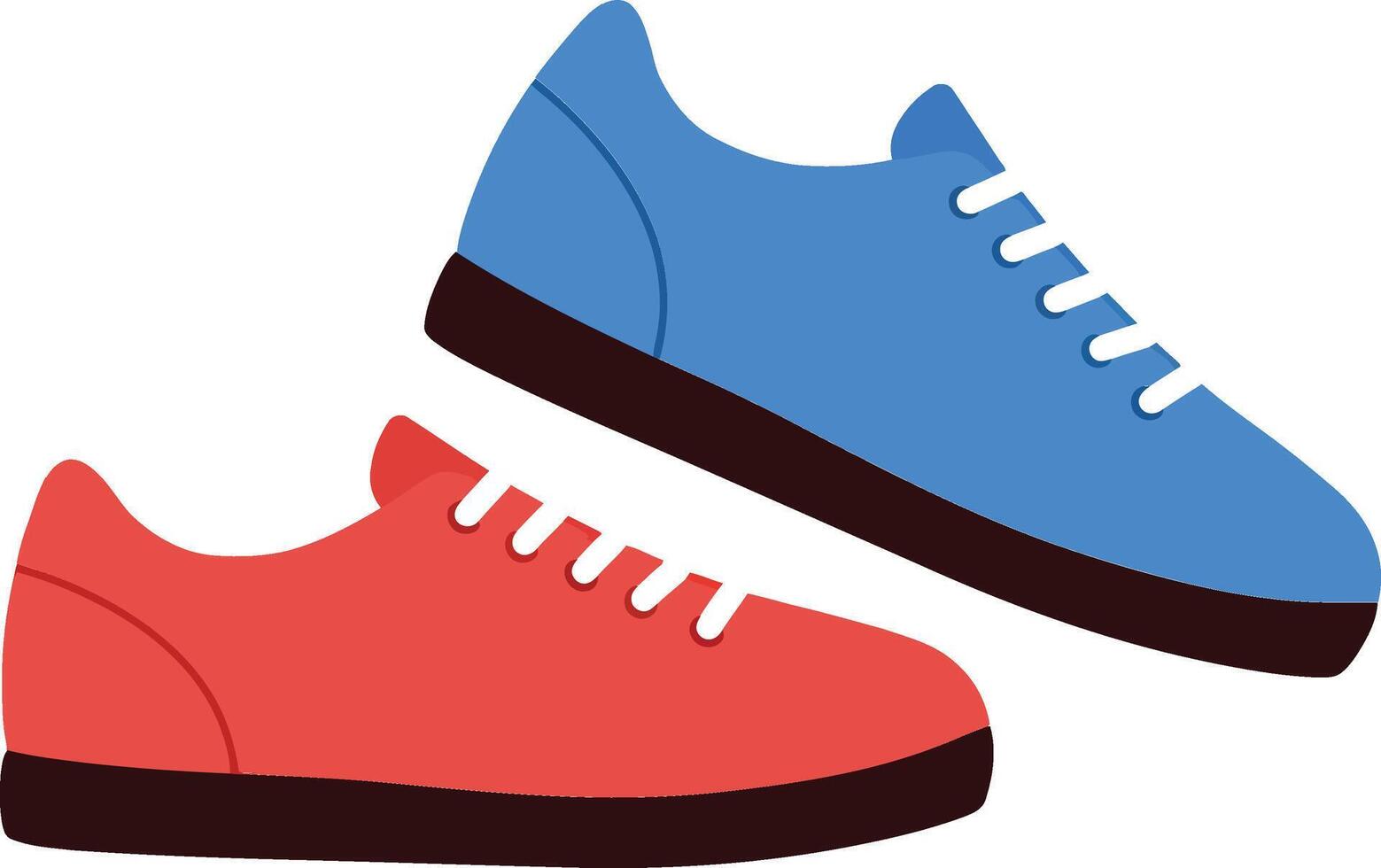 Colorful red and blue sneakers arranged playfully with a flat design style, showcasing vibrant colors and playful shapes in this art vector
