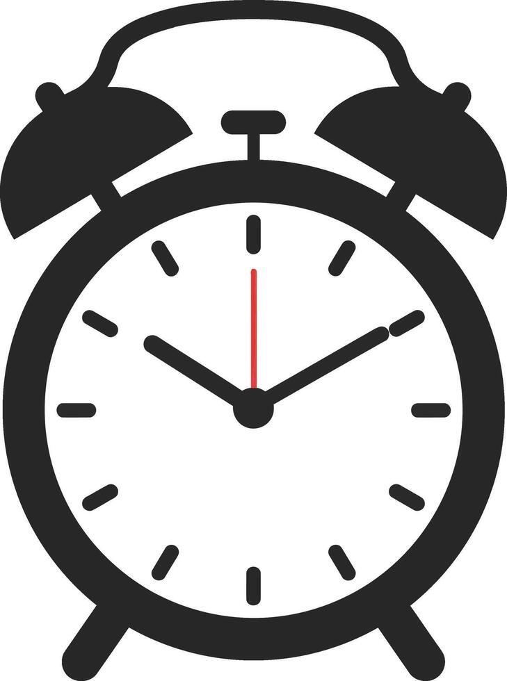 Classic black alarm clock design in a flat style showcasing time management and punctuality, perfect for minimalist art vector