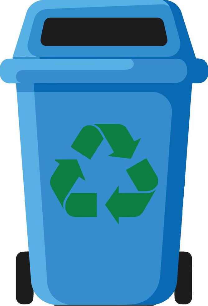 Blue recycling bin with green recycling symbol in flat design emphasizing eco-friendliness and sustainability art vector
