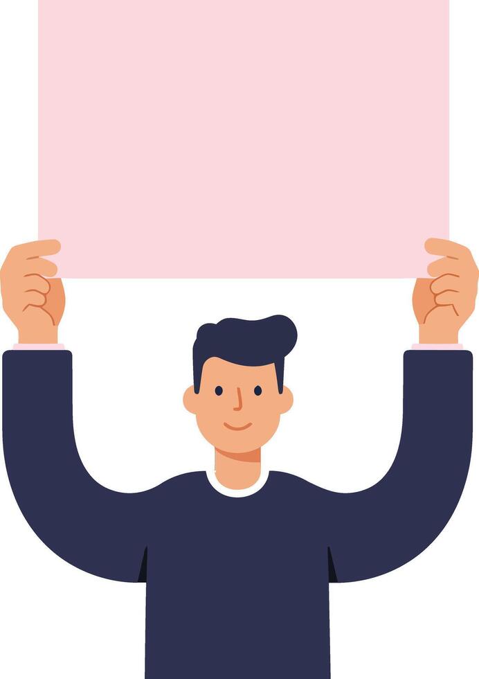 A young man with dark hair smiling and holding a blank pink sign above his head in a minimal illustration vector