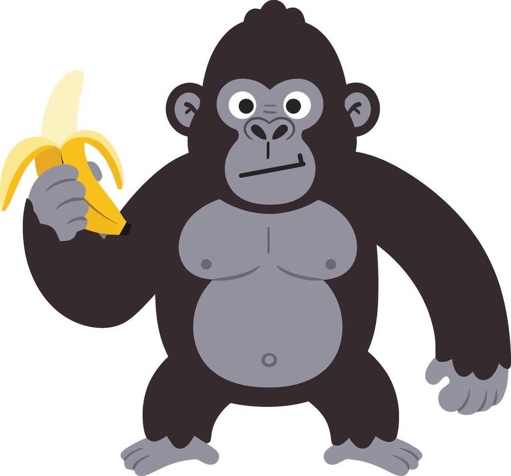 Cheerful gorilla holding a banana in a playful stance, designed in a flat and colorful style, showcasing art vector