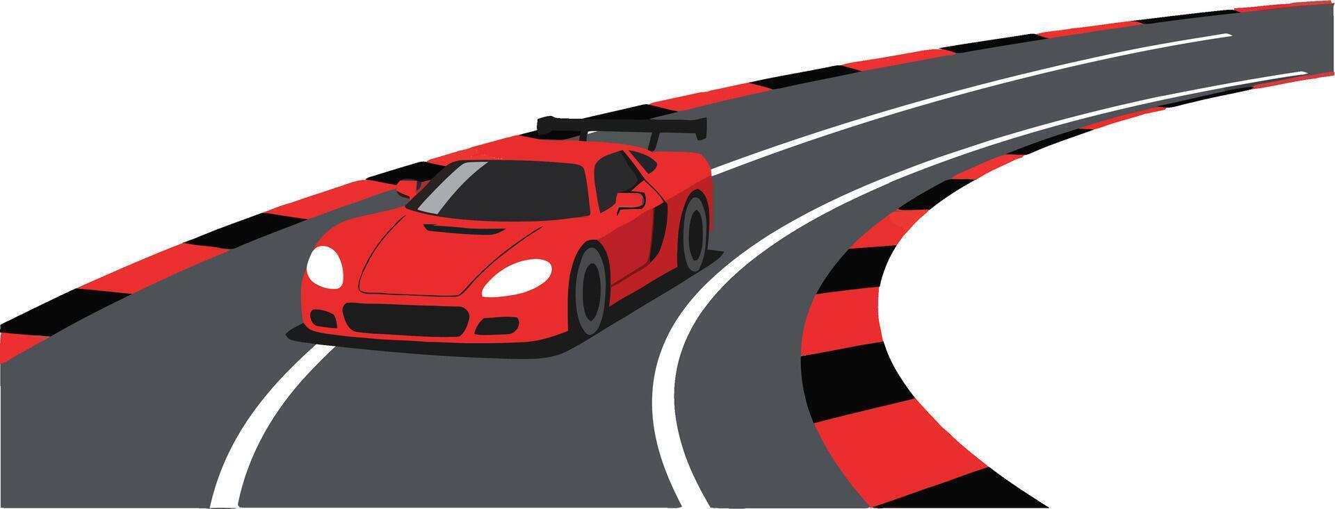 Red sports car speeding around a curved racing track in a flat and modern design style illustration vector