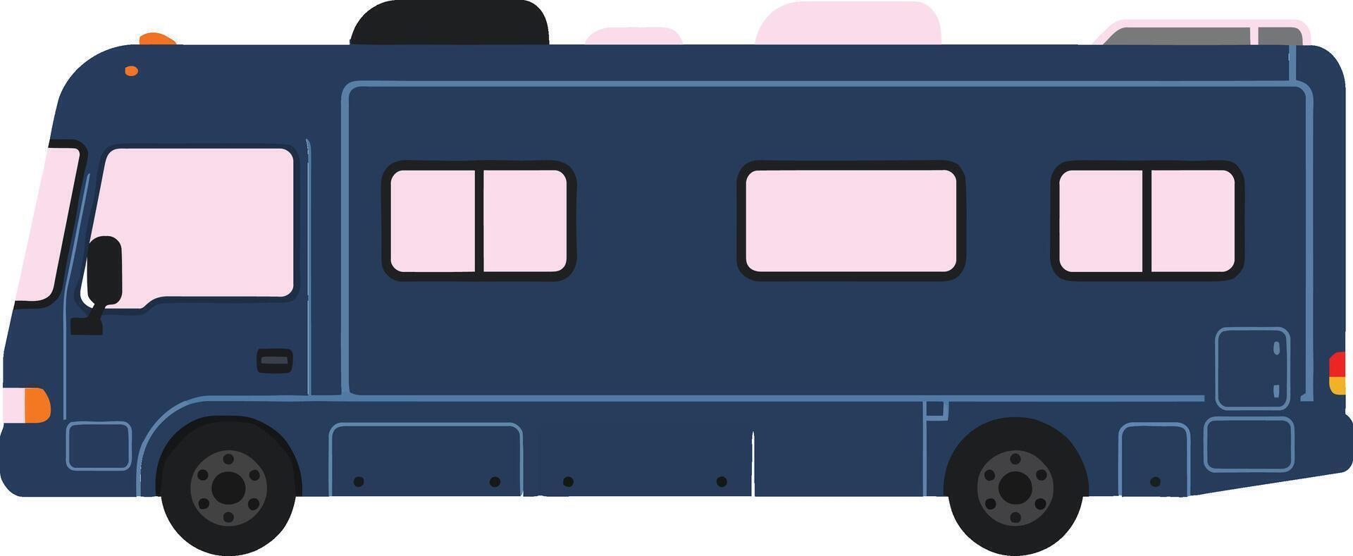 Dark blue recreational vehicle in flat design showcasing side view with windows and wheels in a simple illustration vector