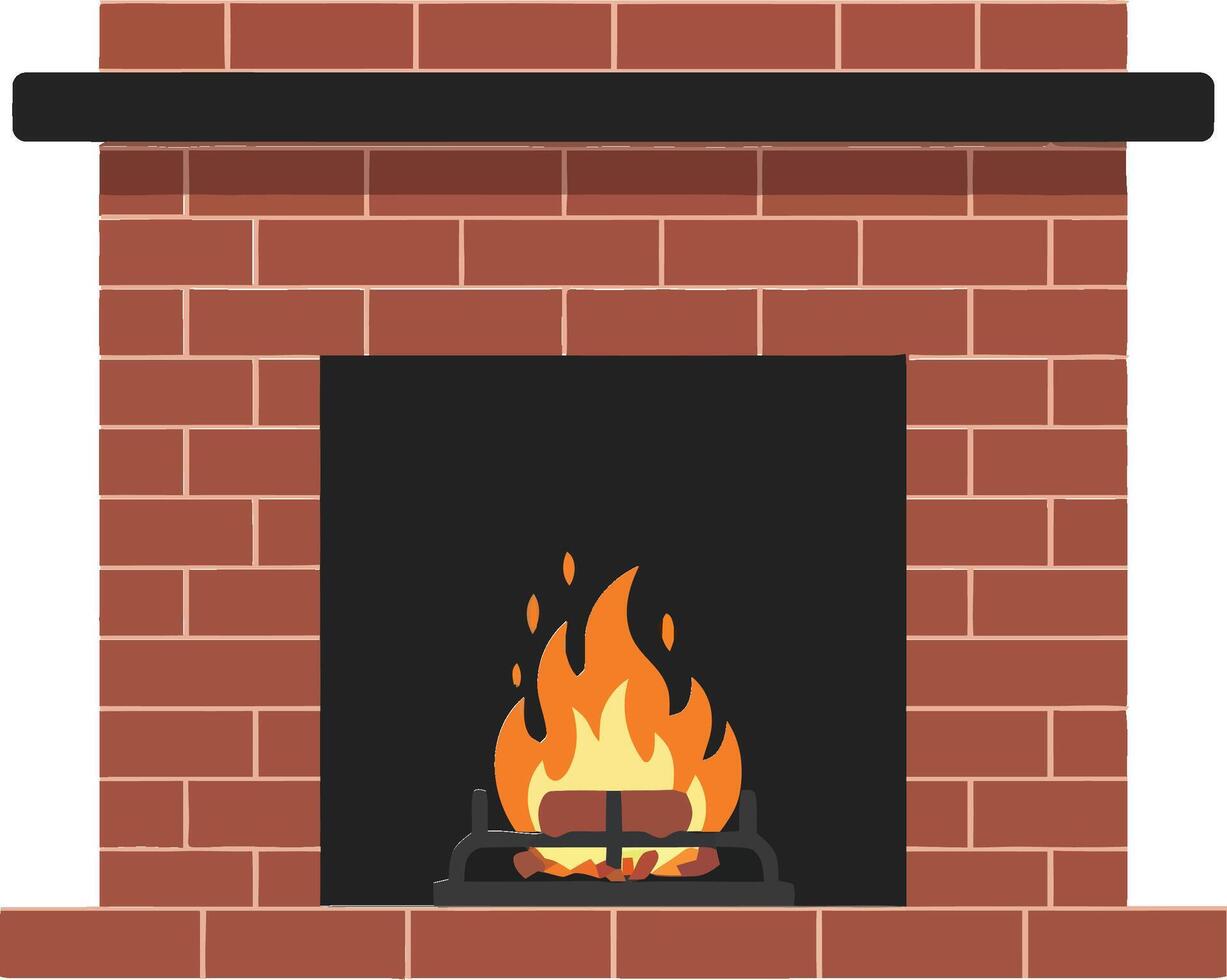 Cozy brick fireplace with a warm glowing fire in a minimal flat design illustration vector