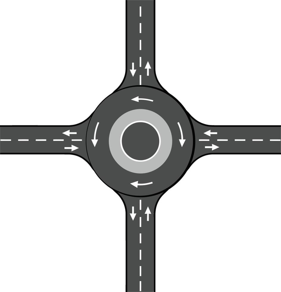 Circular intersection layout with multiple lanes and arrows in flat design style showcasing traffic flow in art vector