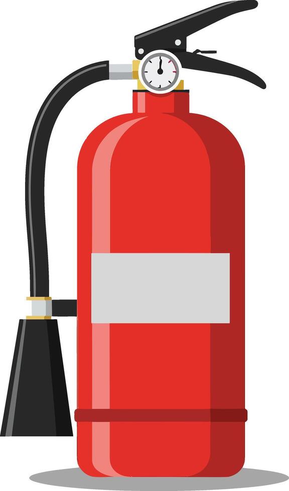Bright red fire extinguisher with pressure gauge and black nozzle in a minimal flat design illustration vector