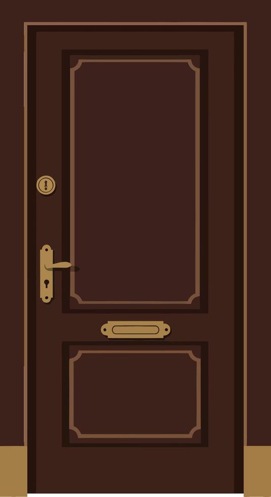 Detailed brown wooden door with gold hardware in a flat design style, showcasing classic elegance and architectural beauty in art vector
