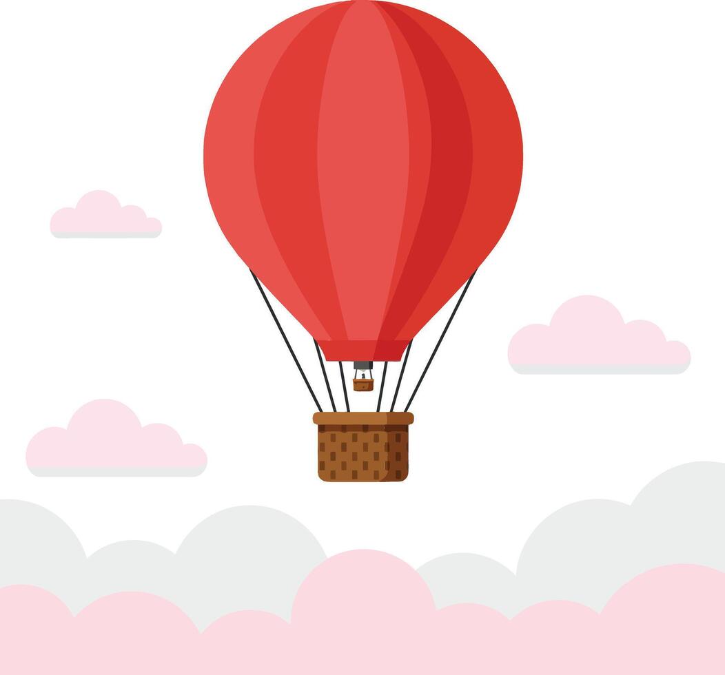 Bright red hot air balloon soaring above fluffy pink clouds in a minimal and cheerful design style illustration vector
