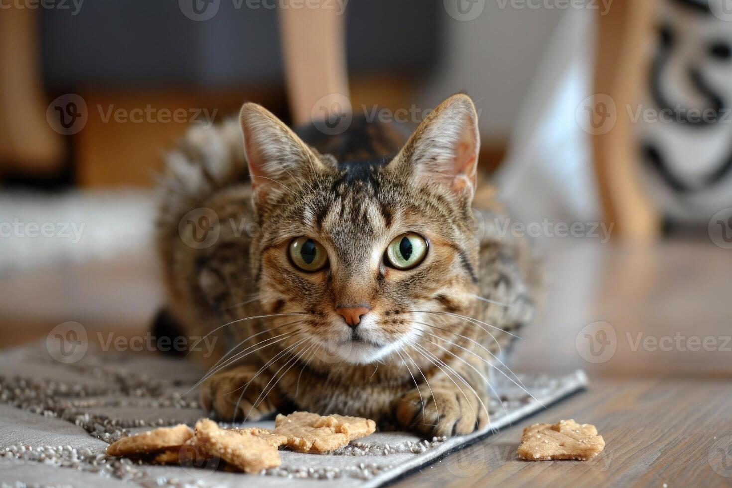 A cat is sitting on a rug with some cookies photo