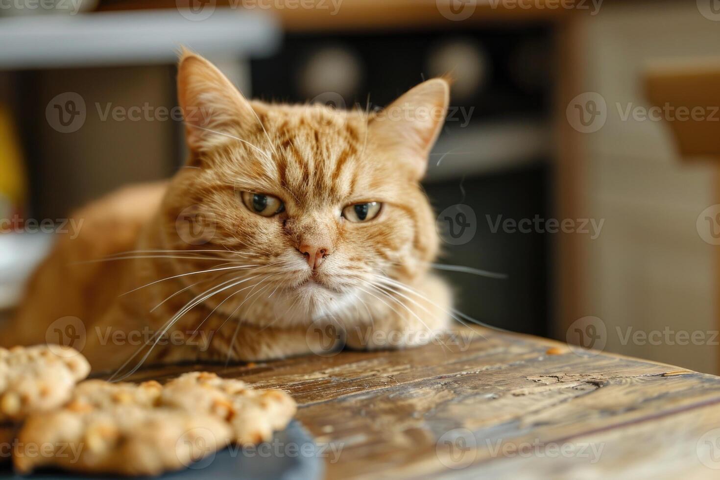 An orange tabby cat sitting on a wooden table with cookies photo