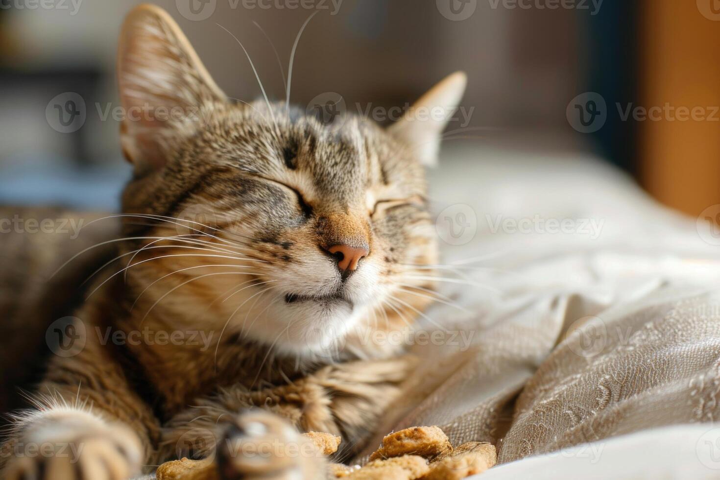 A cat is sleeping on a bed with a bowl of food photo
