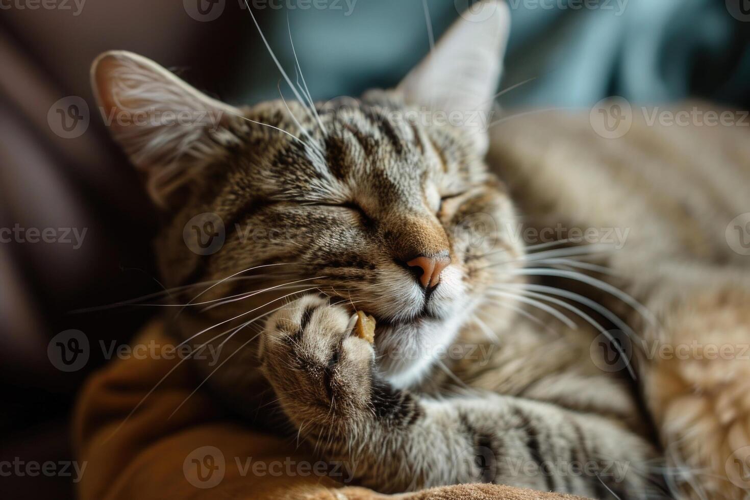 A cat is laying on a couch with its paws on its face photo
