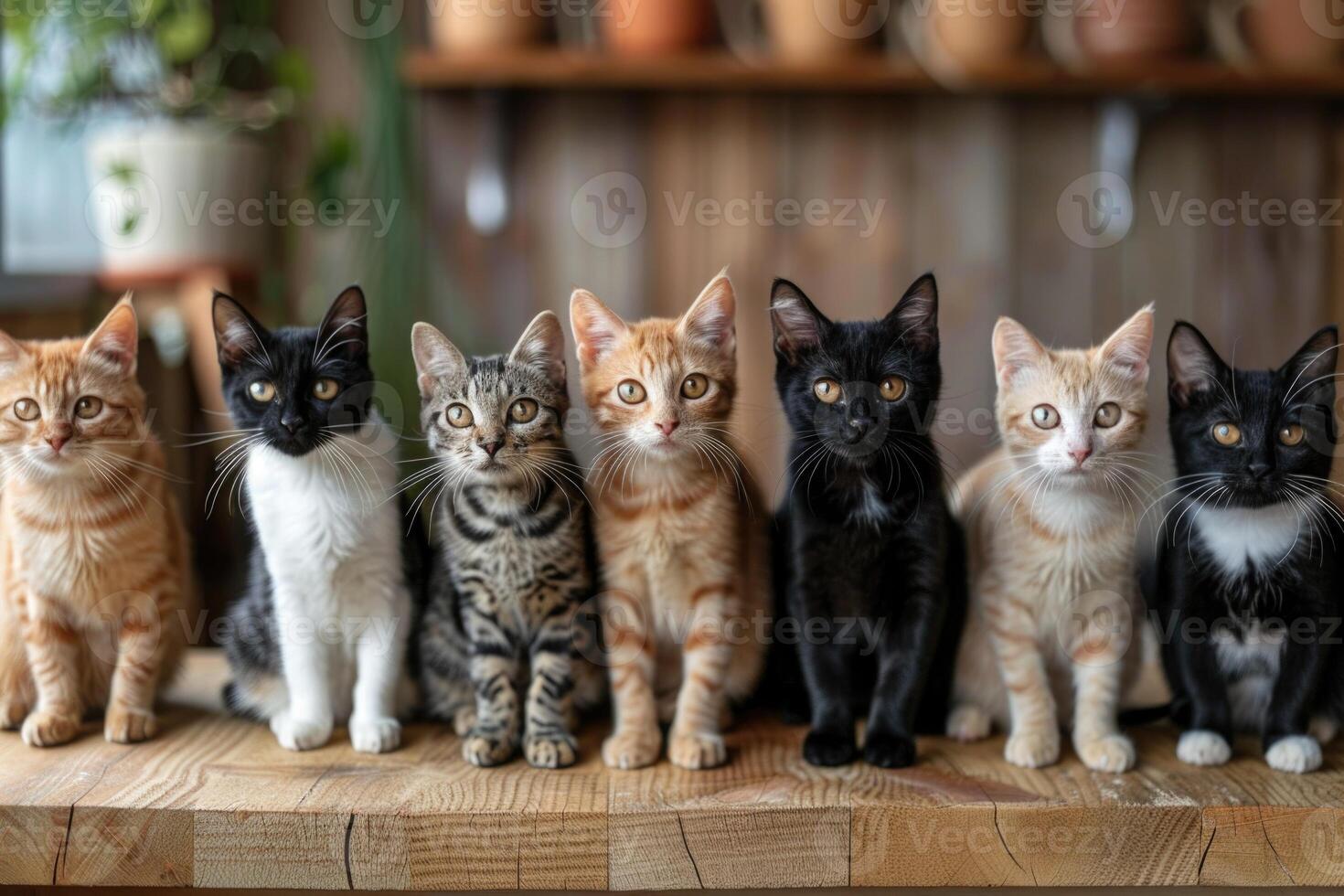 A group of cats sitting on a table photo