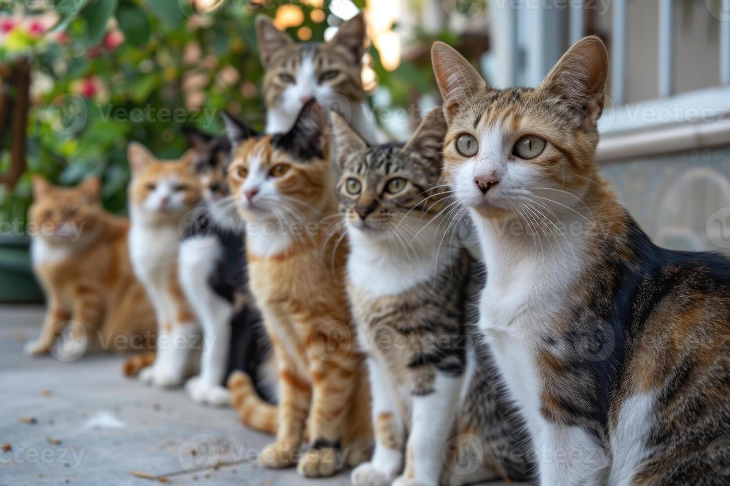 A group of cats sitting on a porch photo