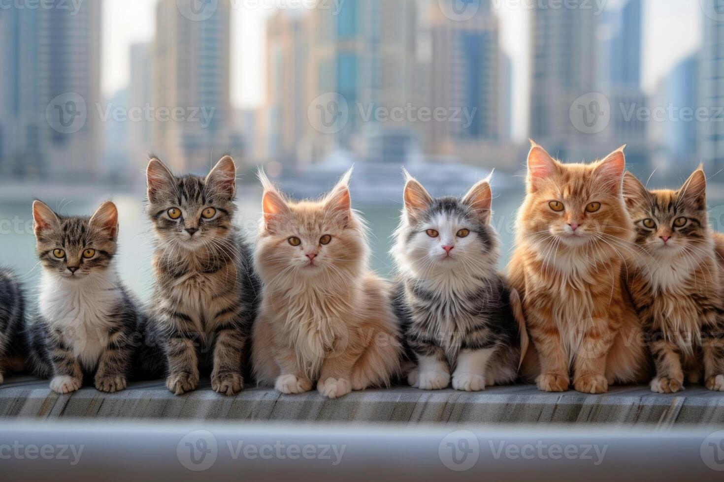 A group of cats sitting on a ledge photo