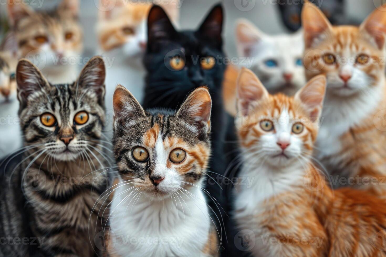 Many cats are standing together in a group photo