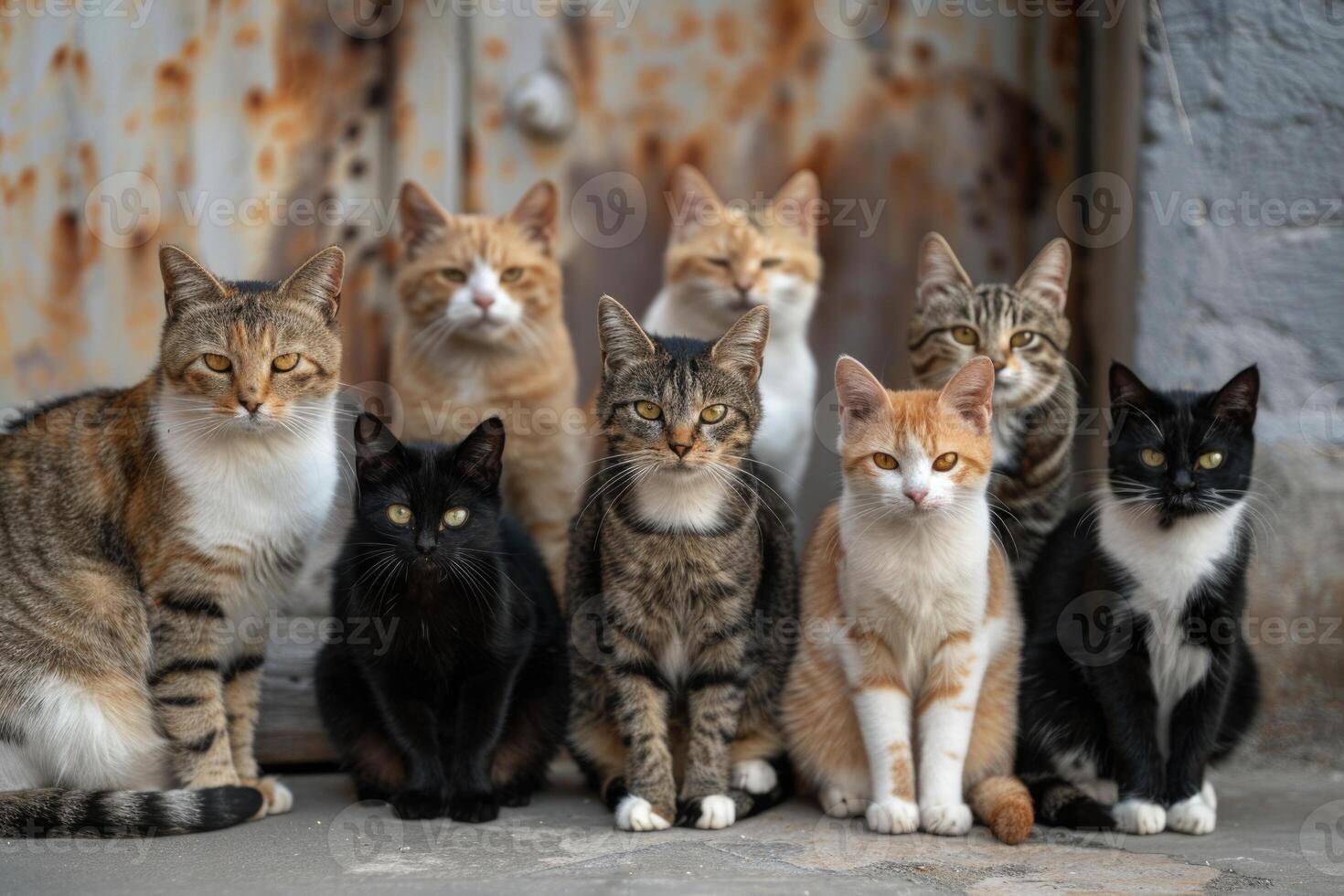 A group of cats sitting together in front of a rusty door photo