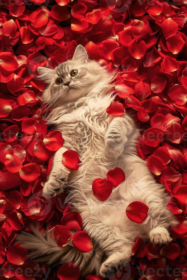 A cat laying on its back in a pile of red petals photo