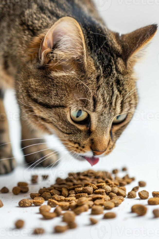 A cat sniffing at a bowl of food photo