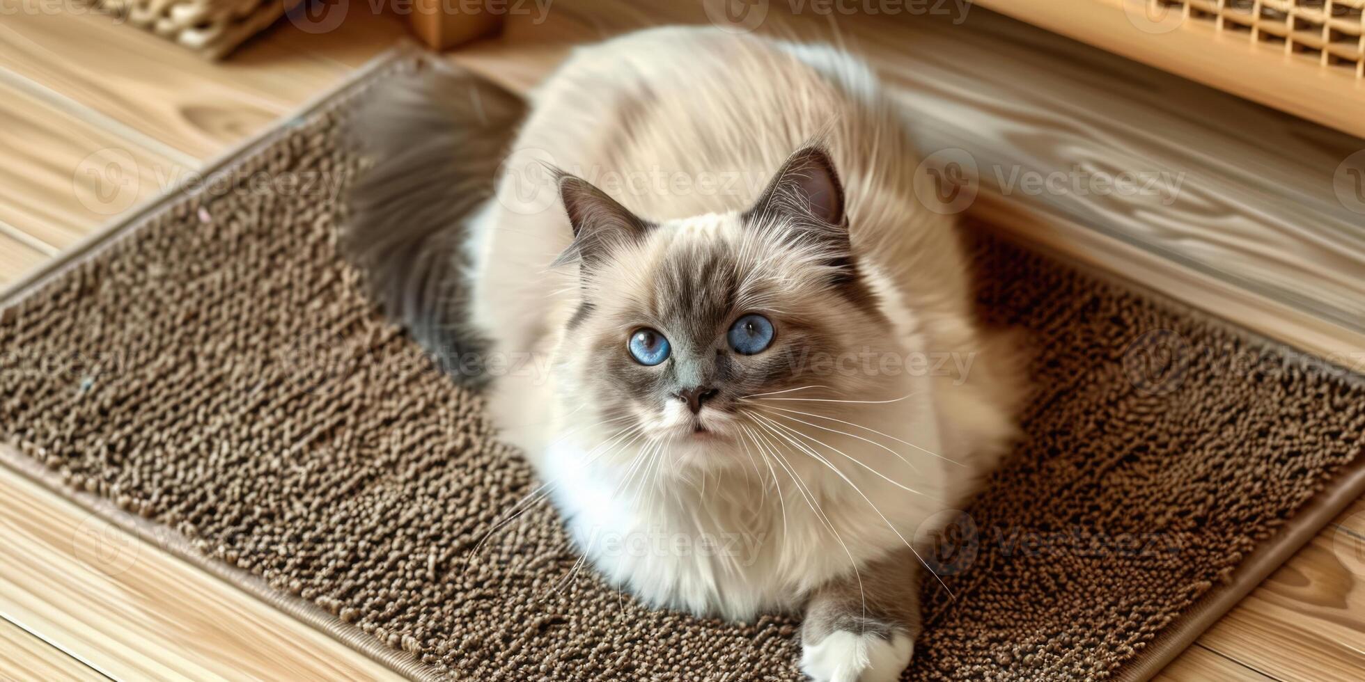 A cat with blue eyes sitting on a rug photo