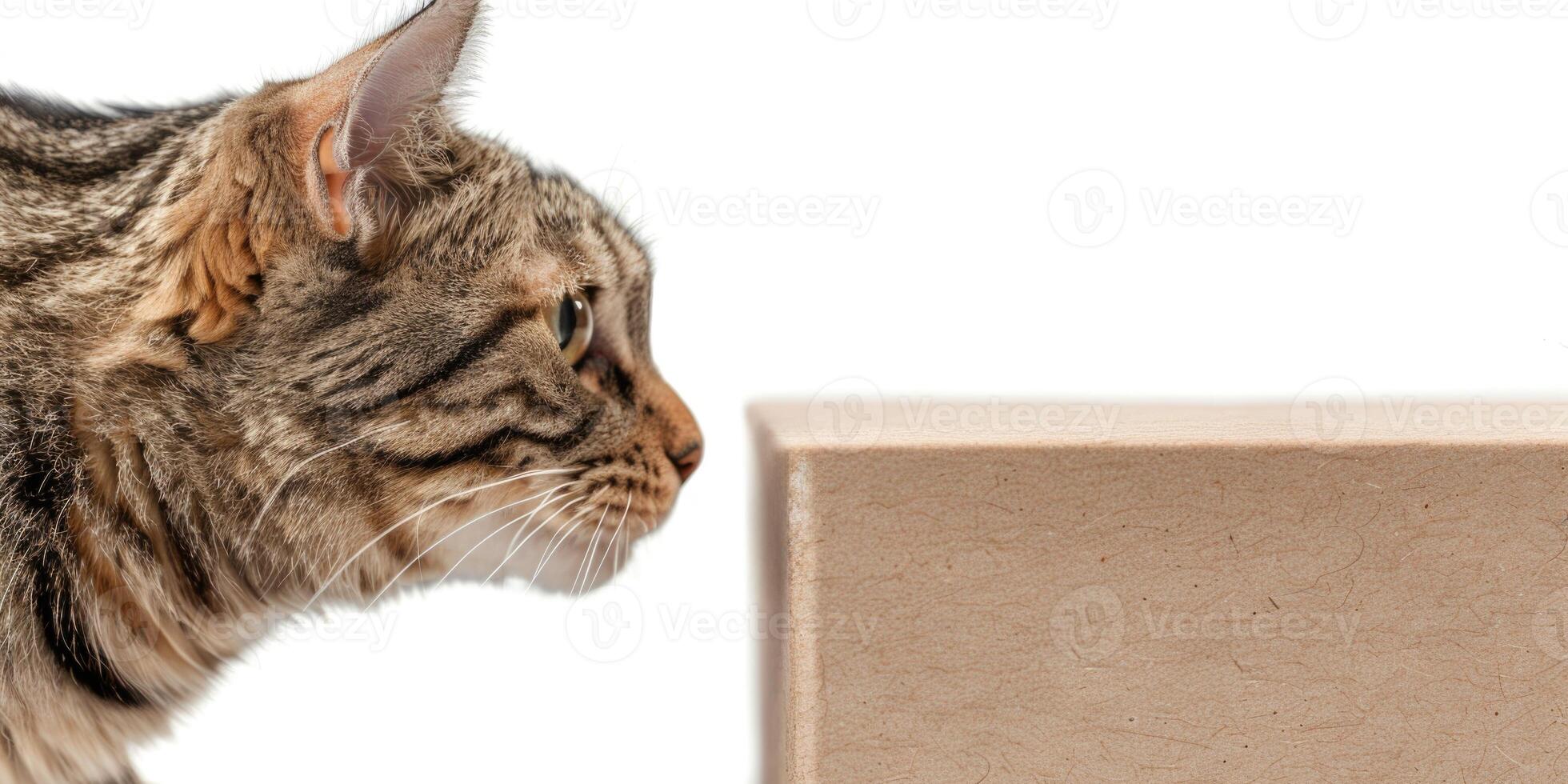 A cat is looking at a box on a white background photo