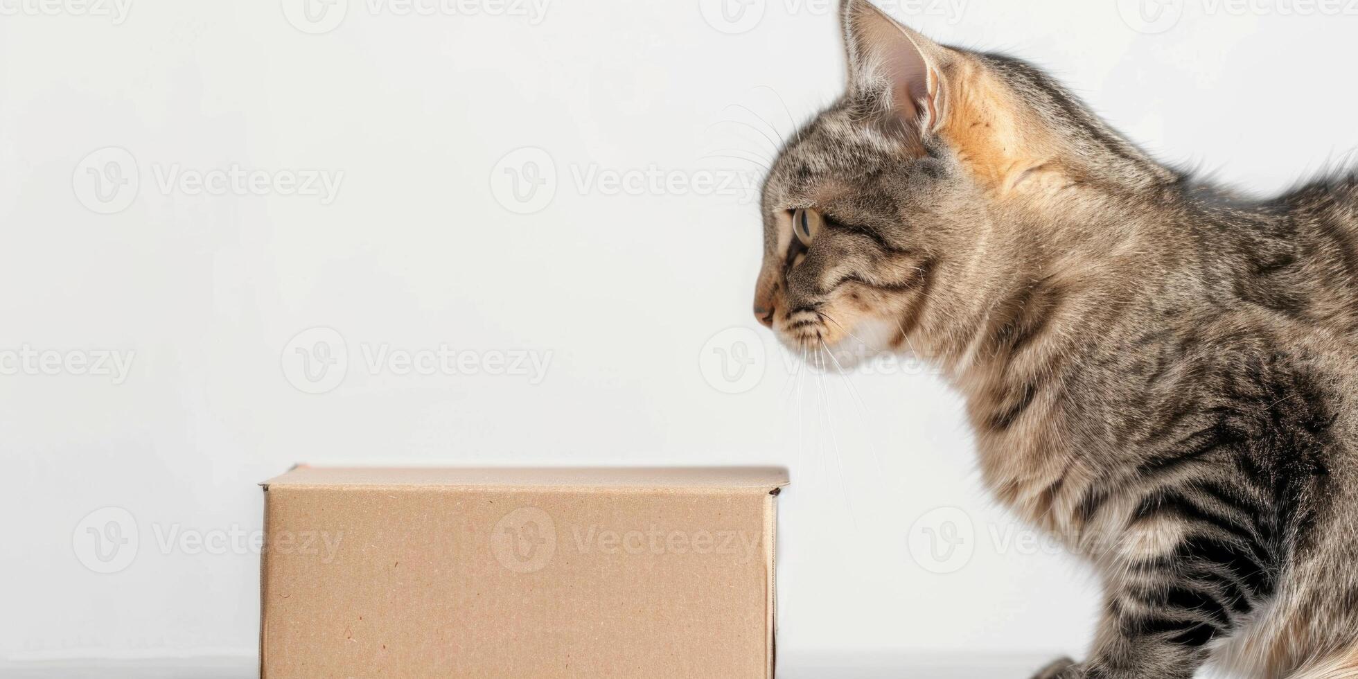 A cat looking at a box on a white surface photo